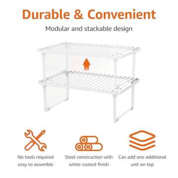 Amazon Basics Stackable Metal Kitchen Storage Shelves, Set of 2 - White, 12.5" L x 8" D x 4.5" H