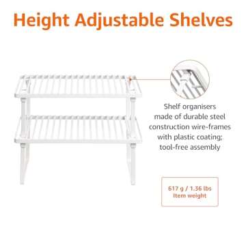 Amazon Basics Stackable Metal Kitchen Storage Shelves, Set of 2 - White, 12.5" L x 8" D x 4.5" H