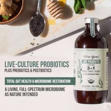 Flora Biome - Live Probiotic, Prebiotic, & Postbiotic – Organic Live-Culture – 10 Probiotic Strains, 18 Fermented Herbs - Complete Gut Health & Microbiome Optimizer (16 oz)