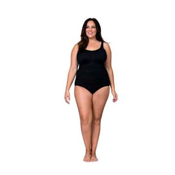 Caribbean Sand Plus Size Solid Black One Piece Swimsuit With Control Power Mesh Lining,Black,20