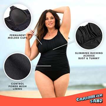 Caribbean Sand Plus Size Solid Black One Piece Swimsuit With Control Power Mesh Lining,Black,20