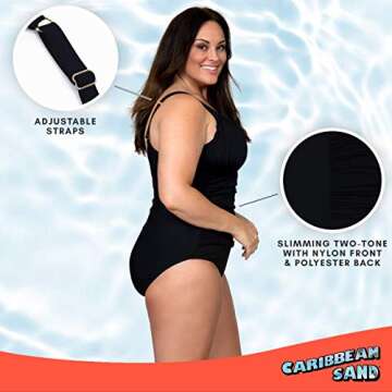 Caribbean Sand Plus Size Solid Black One Piece Swimsuit With Control Power Mesh Lining,Black,20