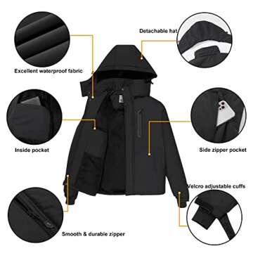 CAMEL CROWN Men's Mountain Snow Waterproof Ski Jacket Detachable Hood Windproof Fleece Parka Rain Jacket Winter Coat Black, X-Large