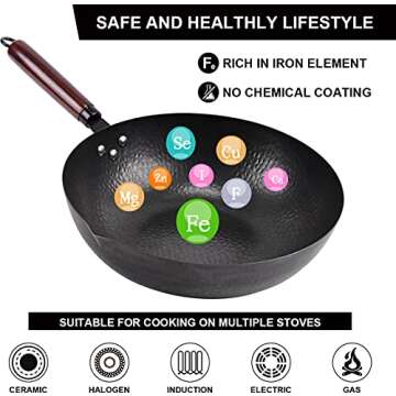 Leidawn 12.8" Carbon Steel Wok-11Pcs Woks & Stir Fry Pans Wok Pan with Lid, No Chemical Coated Chinese Wok with 10 Cookware Accessories, Flat Bottom Wok for Electric, Induction,Gas Stoves