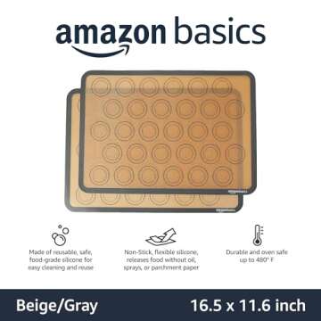 Amazon Basics Silicone, Non-Stick, Food Safe Baking Mat, Macaron, Pack of 2, Beige/Gray, Rectangular, 16.5" x 11.6"