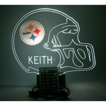 Personalized By Billy American Pro Football Helmet Sports Fan Team Choice at Checkout Lamp Night Light LED Personalized Free - Featuring Licensed Decal, Room Man Cave Decor, 16 Colors with Remote,