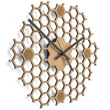 BU Products - Honeycomb Inspired Wooden Wall Clock with Non Ticking Silent Sweep, Unique and Contemporary Style, Minimal Design, Bamboo Home Decor