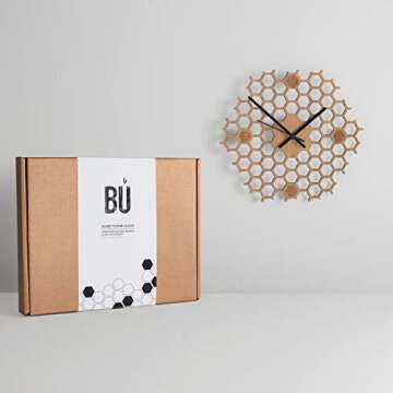 BU Products - Honeycomb Inspired Wooden Wall Clock with Non Ticking Silent Sweep, Unique and Contemporary Style, Minimal Design, Bamboo Home Decor