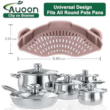 AUOON Clip On Strainer Silicone for All Pots and Pans, Pasta Strainer Clip on Food Strainer for Meat Vegetables Fruit Silicone Kitchen Colander (Almond Rose)