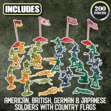 World War II Army Men Toy Action Figure Playset- 200pc Including Soldiers & Flags from The US, Great Britain, Germany & Japan Posed in Realistic Combat Positions- Gift Set for Kids & Collectors