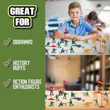 World War II Army Men Toy Action Figure Playset- 200pc Including Soldiers & Flags from The US, Great Britain, Germany & Japan Posed in Realistic Combat Positions- Gift Set for Kids & Collectors