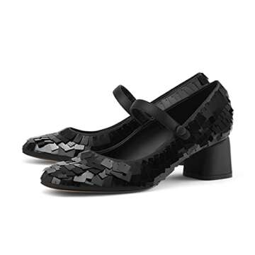 XYD Women Retro Sequins Mid Chunky Block Heel Mary Jane Single Strap Closed Toe Pumps Party Event Dance Dress Shoes Size 5 Black