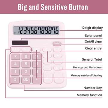 DANRONG Cute Pink Desktop Calculator with Big Buttons, Dual Power Source, Solar and Battery, Large Display Screen - Perfect for Office, Teachers, and Students (Pink)