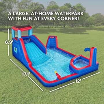 Sunny & Fun Four Corner Inflatable Water Slide Park – Heavy-Duty for Outdoor Fun - Climbing Wall, Slide & Deep Pool – Easy to Set Up & Inflate with Included Air Pump & Carrying Case