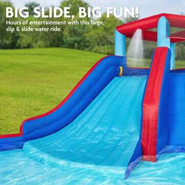 Sunny & Fun Four Corner Inflatable Water Slide Park – Heavy-Duty for Outdoor Fun - Climbing Wall, Slide & Deep Pool – Easy to Set Up & Inflate with Included Air Pump & Carrying Case