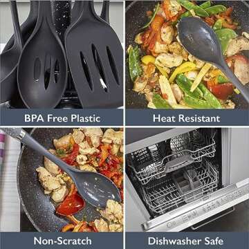 Blackmoor 66779 6-Piece Utensils Set/Non-Scratch & Heat Resistant/BPA Free Plastic/Modern & Vibrant Stylish Black Marble Colour/Space Saving Kitchen Storage