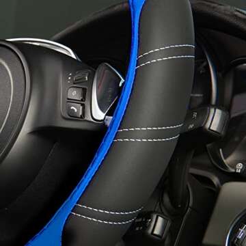 CAR PASS Line Rider Microfiber Leather Sporty Steering Wheel Cover Universal Fits for 95% Truck,SUV,Cars,14.5-15inch Anti-Slip Safety Comfortable Desgin (Black-Blue)