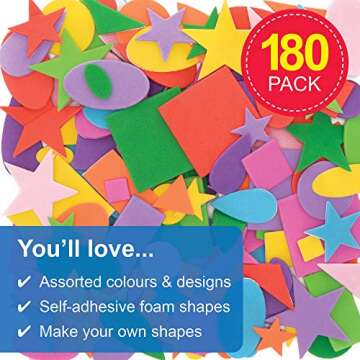 Baker Ross EK2352 Self-Adhesive Foam Shapes - Pack of 180, Assorted Sticky Craft Embellishments for Kids Arts and Crafts Decorating, 1cm-5cm