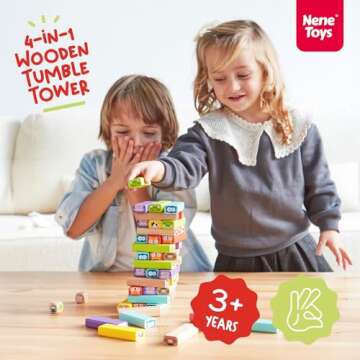 Nene Toys Wooden Tumble Tower Game with Animals & Colors, 4-in-1 Educational Family Board Game for Kids Ages 3-9, Creativity & Cognitive Skills Booster - Gift for Boys Girls 3+ Years