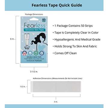 Fearless Tape - Sensitive Skin - Women's Double Sided Tape for Clothing and Body, Transparent Clear Color for All Skin Shades, 50 Count