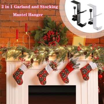 2 in 1 Garland Stocking Hangers, No Drill Garland Fireplace Stocking Hanger, Adjustable Heavy Duty Garland Hanger and Stocking Mantel Holders with 2 Hooks for Home Christmas Decoration (5PCS-Black)