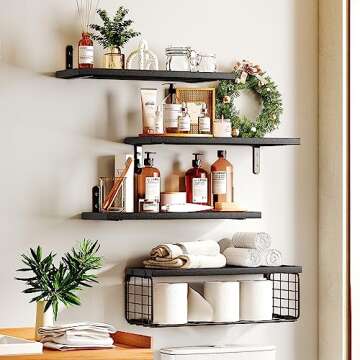 Fixwal 4+1 Tier Floating Shelves Rustic Wood Wall Mounted Shelf, Bathroom Shelves Over Toilet with Wire Storage Basket, Farmhouse Wall Decor for Bedroom, Kitchen, Living Room and Plants (Black)