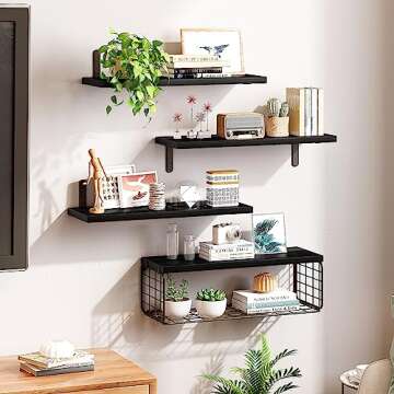 Fixwal 4+1 Tier Floating Shelves Rustic Wood Wall Mounted Shelf, Bathroom Shelves Over Toilet with Wire Storage Basket, Farmhouse Wall Decor for Bedroom, Kitchen, Living Room and Plants (Black)