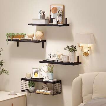 Fixwal 4+1 Tier Floating Shelves Rustic Wood Wall Mounted Shelf, Bathroom Shelves Over Toilet with Wire Storage Basket, Farmhouse Wall Decor for Bedroom, Kitchen, Living Room and Plants (Black)