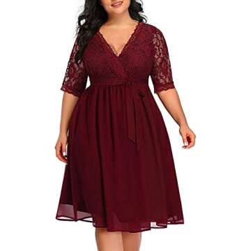 Pinup Fashion Plus Size Cocktail Dresses Women Burgundy Red Lace Top Chiffon Wedding Guest Semi-Formal Maroon Evening Party Wrap Dress