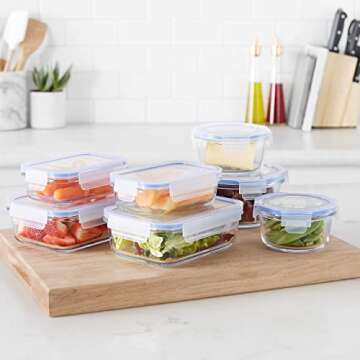 Amazon Basics Leak-Proof Glass Locking Lids Food Storage Containers, 14-Piece Set, 7 Count of Bases and 7 Plastic Lids, Clear, Blue, BPA Free, Dishwasher & Microwave Safe, for Meal Prep & Freezer