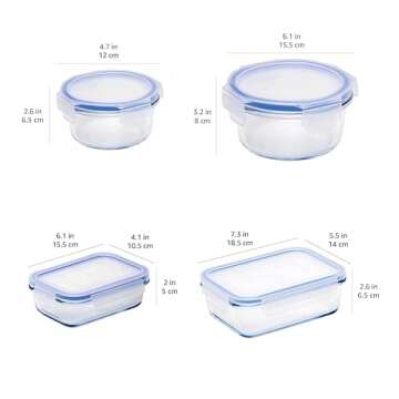 Amazon Basics Leak-Proof Glass Locking Lids Food Storage Containers, 14-Piece Set, 7 Count of Bases and 7 Plastic Lids, Clear, Blue, BPA Free, Dishwasher & Microwave Safe, for Meal Prep & Freezer