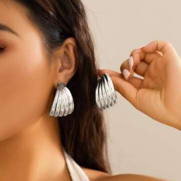 Chunky Silver Earrings for Women Trendy Silver Hoops Silver Statement Earrings Chunky Silver Hoops Big Bold Earrings Large Thick Earrings Chunky Silver Earrings Fashion Earrings (Style2_silver)