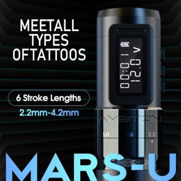 Ambition MARS-U Wireless Tattoo Machine with Adjustable Stroke - Rotary Cartridge Tattoo Machine Pen with Extra 1800mAh Power Coreless Motor Digital LED Display for Professional Tattoo Artist