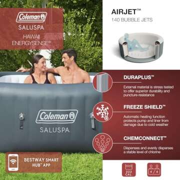 Bestway Coleman Hawaii AirJet Large Square 4 to 6 Person Inflatable Hot Tub Portable Outdoor Spa with 140 AirJets and EnergySense Cover, Grey