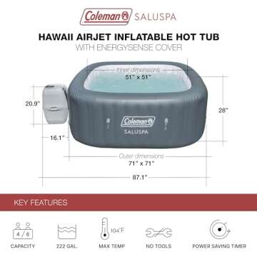 Bestway Coleman Hawaii AirJet Large Square 4 to 6 Person Inflatable Hot Tub Portable Outdoor Spa with 140 AirJets and EnergySense Cover, Grey