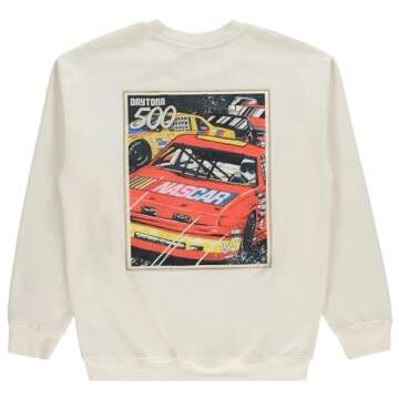 NASCAR Vintage Daytona 500 Sweatshirt Racing Mens Embroidered Chenille Crewneck Sweatshirt (Ivory, Medium)