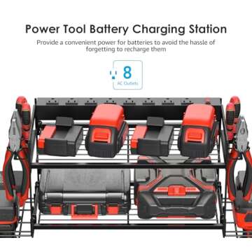 CCCEI Garage Tools Storage with Charging Station. Power Tool Battery Organizer Utility Shelf with Power Strip. 4 Drills Holder Wall Mount Rack, Black.