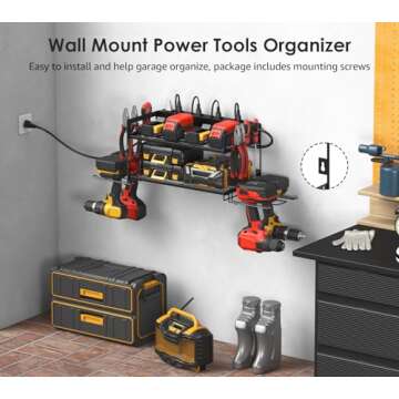 CCCEI Garage Tools Storage with Charging Station. Power Tool Battery Organizer Utility Shelf with Power Strip. 4 Drills Holder Wall Mount Rack, Black.