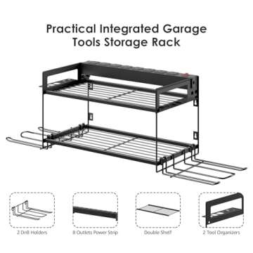 CCCEI Garage Tools Storage with Charging Station. Power Tool Battery Organizer Utility Shelf with Power Strip. 4 Drills Holder Wall Mount Rack, Black.