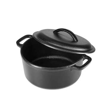 Amazon Basics Round Pre-Seasoned Cast Iron Mini Dutch Oven Pot with Lid and Dual Handles, 2-Quart, Black