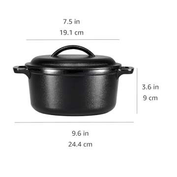 Amazon Basics Round Pre-Seasoned Cast Iron Mini Dutch Oven Pot with Lid and Dual Handles, 2-Quart, Black