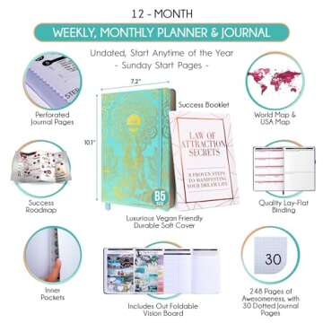 Law of Attraction Planner 2025 – Undated Hourly, Weekly & Monthly Goal Setting Planner, 12-Month to Increase Productivity | Life & Gratitude Journal, Include Foldable Vision Board, Gift Box & Stickers