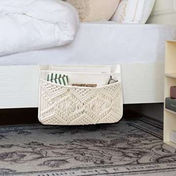 Mkono Macrame Bedside Caddy Storage Organizer Boho Remote Control Tablet Magazine Holder with 4 Pockets Non-slip Countertop Bedside Caddy for Home Bedroom Living Room College Dorm Bed, Ivory