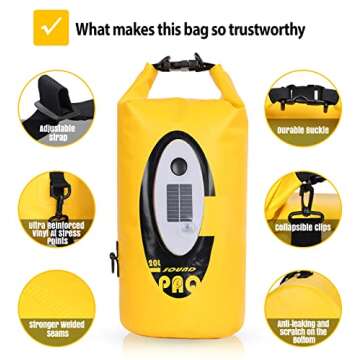 Qoolife Dry Bag Waterproof with Solar Bluetooth Speaker & Light - 20L Roll Top Dry Sack Keeps Gear Dry for Men Women Kayaking, Beach, Rafting, Boating, Hiking, Camping and Fishing (Yellow-BL)