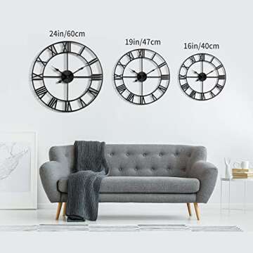 LEIKE Large Wall Clock, Silent, Non-Ticking Metal Wall Clock, Round Modern Wall Decor for Living Room, Bedroom Kitchen and Outdoor, 16-Inch (40cm, Black Roman Number)