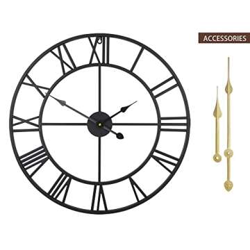 LEIKE Large Wall Clock, Silent, Non-Ticking Metal Wall Clock, Round Modern Wall Decor for Living Room, Bedroom Kitchen and Outdoor, 16-Inch (40cm, Black Roman Number)