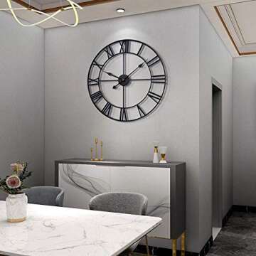 LEIKE Large Wall Clock, Silent, Non-Ticking Metal Wall Clock, Round Modern Wall Decor for Living Room, Bedroom Kitchen and Outdoor, 16-Inch (40cm, Black Roman Number)