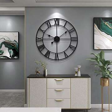 LEIKE Large Wall Clock, Silent, Non-Ticking Metal Wall Clock, Round Modern Wall Decor for Living Room, Bedroom Kitchen and Outdoor, 16-Inch (40cm, Black Roman Number)