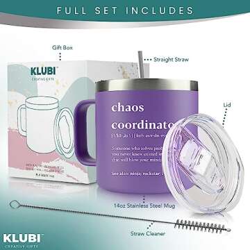 KLUBI Chaos Coordinator Tumbler Mug 14oz Purple Gifts for Women Thank You Gifts Nurses Week Gifts Teacher Appreciation Gifts for Women Gift Baskets for Women Boss Gifts for Women Nurse Manager Gifts