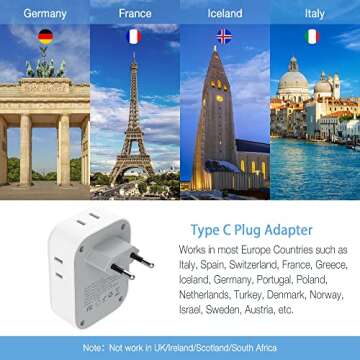 TESSAN European Travel Plug Adapter, Europe Power Adaptor with 4 AC Outlets 3 USB Ports, US to Most of Euro EU Italy Spain France Iceland Germany Greece Portugal Netherlands Norway Poland, Type C